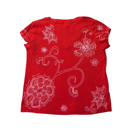 Chicos Red Floral Embroidered Short Sleeve V-Neck Top Size XL - Picture 3 of 5